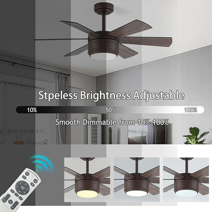 SHOWDI Ceiling Fan with Lights and Remote, 6 Blade App Control Timer Reversible Stepless Brightness and Color Temperature Outdoor Wood Ceiling Fan with Lights (Brown, 42 Inch)