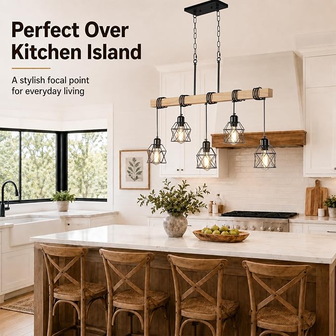 5 Light Farmhouse Kitchen Island Lighting,Dining Room Light Fixture,Adjustable Height Pendant,Real Wood and Black Metal Cage Chandelier for Kitchen,Dining Room