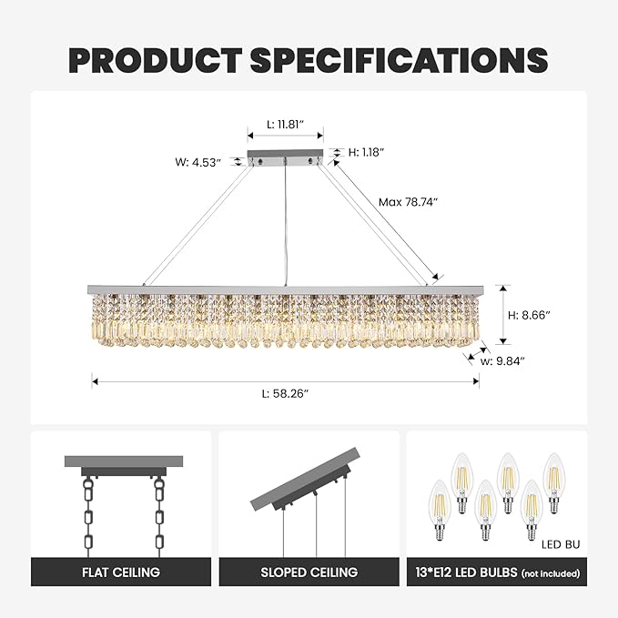 7PM Rectangle K9 Crystal Chandelier Modern Rectangular Pendant Light Fixture for Dining Room Kitchen Island Chrome L59'' x W10'' x H9''