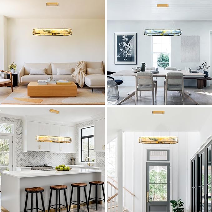 Luxury Crystal Chandelier, Modern Rectangular LED Pendant Light for Kitchen Island Dining Room, 40 Inch, No Assembly Required
