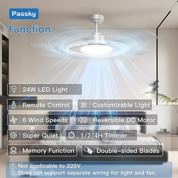 Passky Ceiling Fans with Lights, 52 inch Sleek Ceiling Fan with Light and Remote Control, 3CCT, Dimmable, Reversible, Noiseless, Silver Ceiling Fan for Bedroom, Living Room