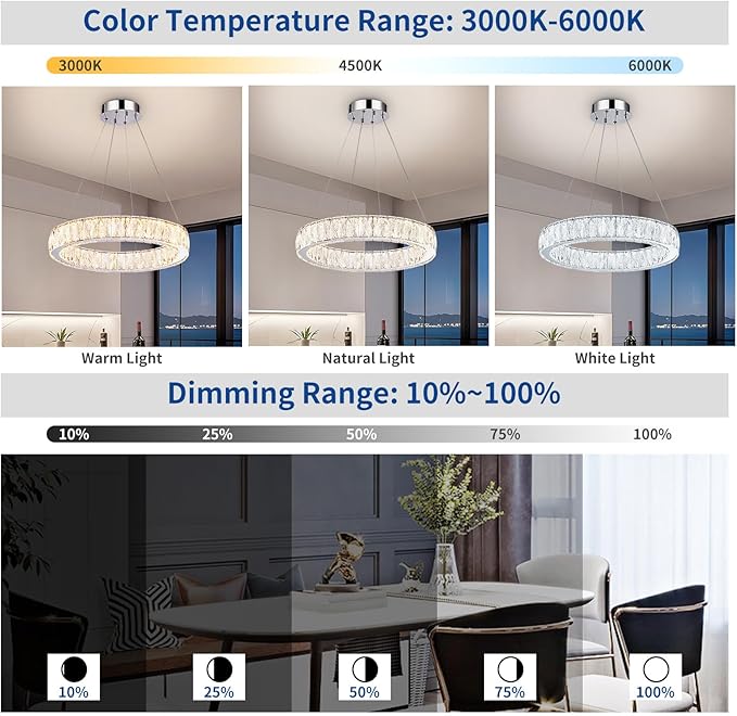 Depuley Modern LED Crystal Chandeliers: 19.7" Ring Chandelier Hanging Crystal Ceiling Light Fixture - 30W Adjustable Height Pendant Light for Living Room Dining Room Bedroom Foyer
