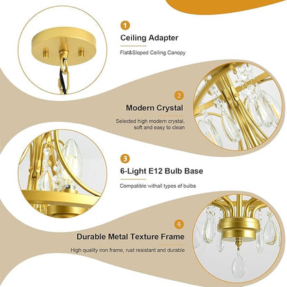 6-Light Modern Gold Crystal Chandelier Dining Room Pendant Lighting Fixture for Farmhouse Bedroom Living Room Kitchen Entryway E12 Bulbs Not Included