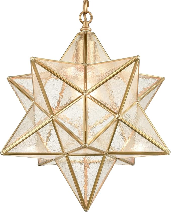 DAYCENT Moravian Star Light Fixture Modern Brass Seeded Glass Pendant Lights, 15-inch