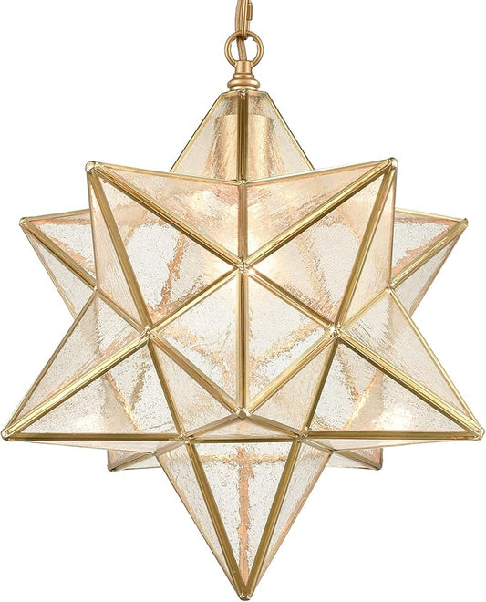 DAYCENT Moravian Star Light Fixture Modern Brass Seeded Glass Pendant Lights, 15-inch