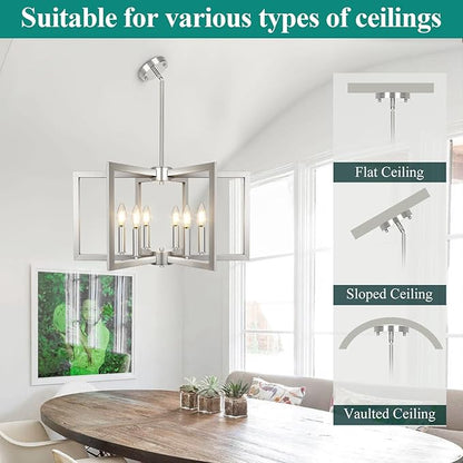 6-Light Brushed Nickel Chandelier, Farmhouse Dining Room Light Fixture, Modern Chandelier, Geometric Industrial Metal Hang Lighting Fixture for Foyer Entryway Kitchen Over Table Hallway Living Room