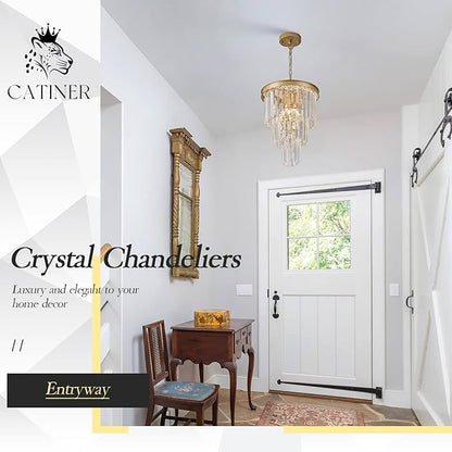 3 Pack Crystal Pendant Light for Kitchen Island, Mini Gold Modern Crystal Light Fixture Luxury for Dining Room, K9 Ceiling Pendant Light 3 Tiers for Hallway Bedroom Closet