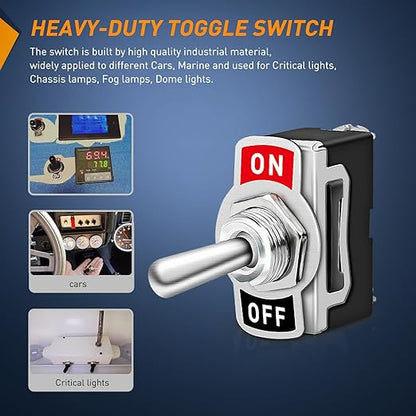 Nilight 90012E Heavy Duty Rocker Toggle 15A 250V 20A 125V SPST 2Pin ON/Off Switch Metal Bat Waterproof Boot Cap Cover-5 Pack, 2 Years Warranty