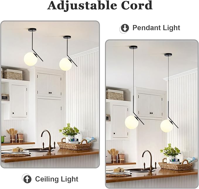 Modern Pendant Light, 1-Light Black Glass Globe Ceiling Pendant Lamp, Bedside Matte Hanging Pendant Light Fixtures for Bedroom Living Dining Room Kitchen