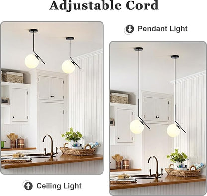 Modern Pendant Light, 1-Light Black Glass Globe Ceiling Pendant Lamp, Bedside Matte Hanging Pendant Light Fixtures for Bedroom Living Dining Room Kitchen