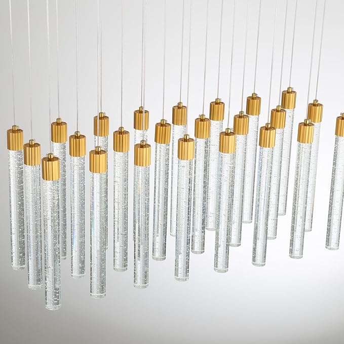 Modern Rectangular Crystal Chandeliers LED Dimmable Crystal Column Chandelier Living Room Foyer Crystals Pendant Light for Dining Room Adjustable Height 24-Light Gold
