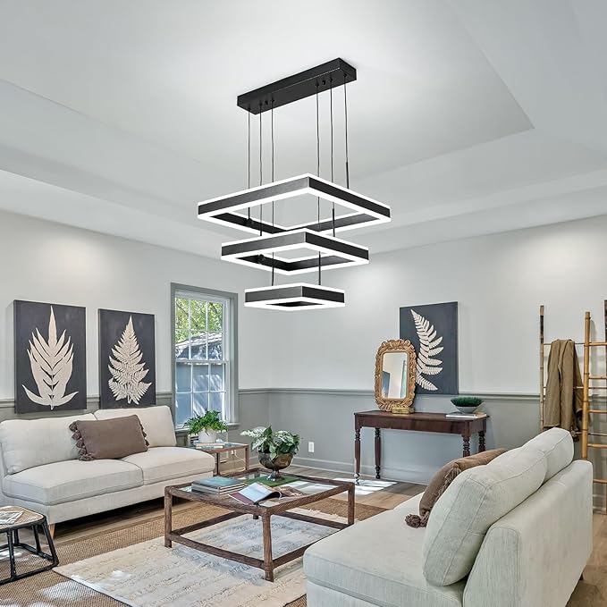 O'NEELDY LED Pendant Light Fixture, 20.47'' Modern Chandelier Square Rings Adjustable Height Black Pendant Lighting 3 Lights Kitchen Island Chandeliers for Dining Room, 6000K
