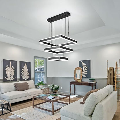 O'NEELDY LED Pendant Light Fixture, 20.47'' Modern Chandelier Square Rings Adjustable Height Black Pendant Lighting 3 Lights Kitchen Island Chandeliers for Dining Room, 6000K