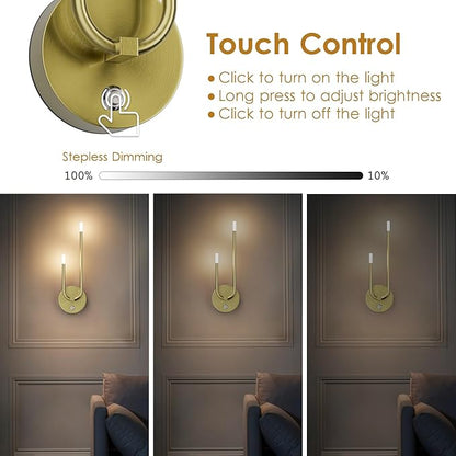Aipsun Gold Battery Operated Wall Sconce Set of 2, Modern LED Rechargeable Wall Sconce Stepless Dimming Wireless Wall Lights for Bedroom,Living Room,Hallway Warm Light 3000K