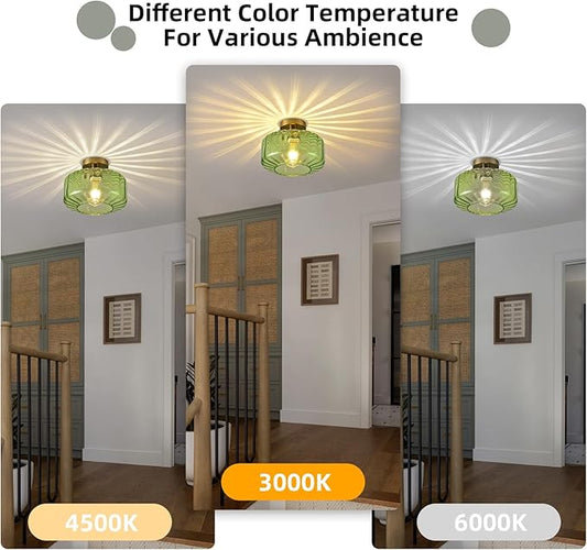 Green Glass Semi Flush Mount Ceiling Light, Luxury Close to Ceiling Light Fixtures with Glass Shade, 11" Round Light Fixtures Ceiling Mount for Bathroom Dining Room Bedroom Living Room Hallway, E26