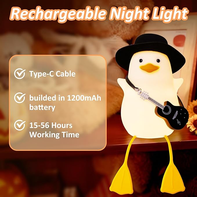 Anywin Duck Night Light, Squishy Duck Lamp, Silicone Bedside Light Up Funny Duck with Dimmer & Rechargeable. Birthday Gifts for Friends Women(Guitar Duck)