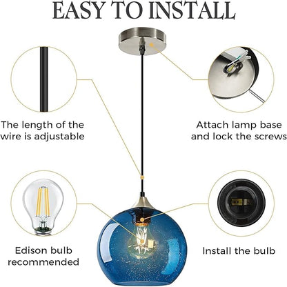 Blue Glass Pendant Light for Kitchen Island, Includes 1 Bulb & 4.92FT Adjustable Cord, Modern Pendant Lighting Fixtures for Kitchen, Dining Room, Living Room (7.1in)