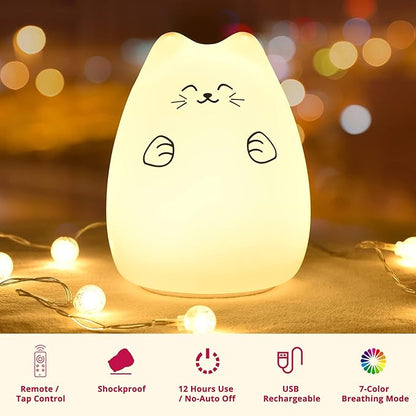 Cute Night Lights for Kids, Best Christmas Birthday Gifts for 3-12 Year Old Girls Teen, Cat Silicone Baby Night Light for Newborn, Remote and Tap Control