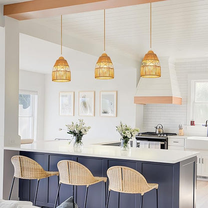 3 Pack Boho Rattan Pendant Light Kitchen Island,Farmhouse Chandeliers Adjustable Height Hanging lamp for Dining Room,Small Kitchen Ceiling Lights Fixtures with Woven Wicker Lampshade Lighting