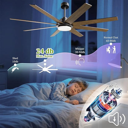 72 Inch Ceiling Fan with Light and Remote Smart App, 8-Blade Large Ceiling Fan for Living Room Patio, Quiet DC Motor Natural Breeze Circulation, Wobble-Free Heavy Duty, 3CCT Dimmable, Black Modern Fan