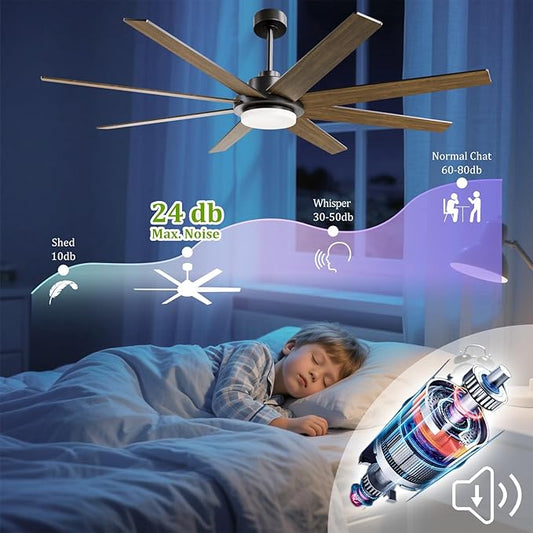 72 Inch Ceiling Fan with Light and Remote Smart App, 8-Blade Large Ceiling Fan for Living Room Patio, Quiet DC Motor Natural Breeze Circulation, Wobble-Free Heavy Duty, 3CCT Dimmable, Black Modern Fan