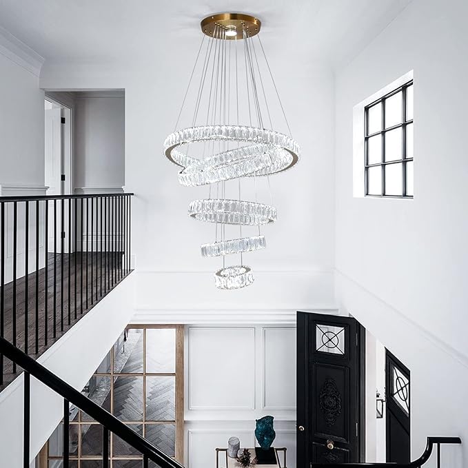 Dixun Dimmable LED Chandeliers Big Crystal Chandeliers Modern 5 Rings Pendant Light Adjustable Height Ceiling Lamp for Bedroom Dinning Room Living Room Kitchen (Titanium Gold)
