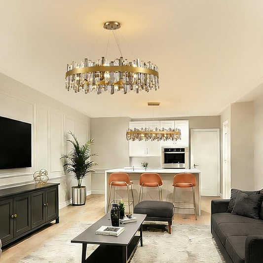 Siljoy Modern Crystal Chandelier 20 Lights Large Brushed Brass Gold Round Raindrop Chandelier Luxury 2-Tier K9 Crystal Pendant Ceiling Light for Dining Living Room Kitchen Foyer D39.4''