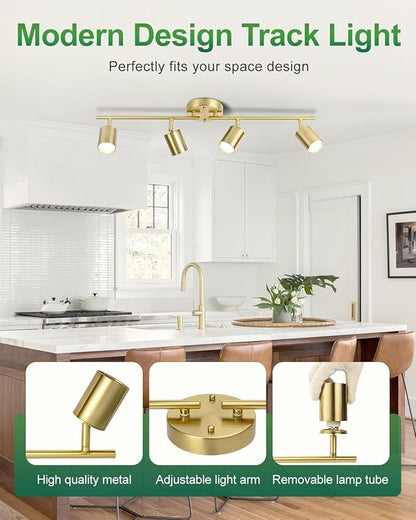 4 Ways Track Lighting, Rotatable Heads Tracks Light, Track Lightings Fixtures Ceiling with Foldable Arms, Brushed Gold Tracks Light for Kitchen, Living Room, Hallway(Bulbs Not Included)