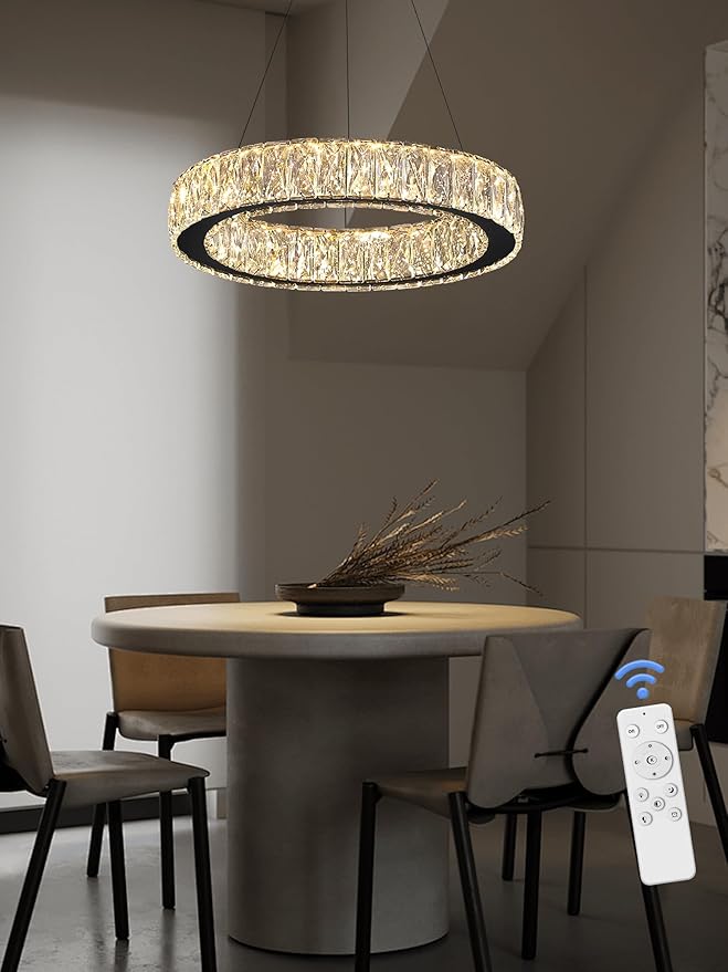 Modern 23.6'' Ring Crystal Chandelier Adjustable LED Ring Pendant Light Dimmable Black Round Crystal Chandelier Light for Dining Room Living Room