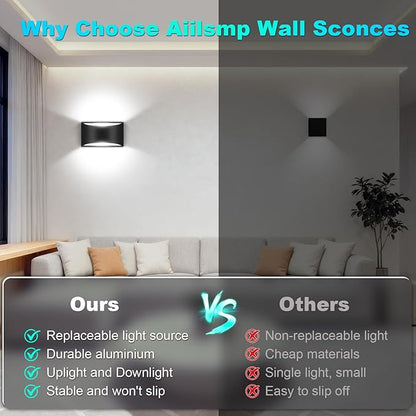 Black Modern LED Wall Sconce Hardwired Indoor Wall Lights Set of 2 Up and Down Wall Mount Light Cool White 6000K for Bedroom Living Room Bathroom Hallway Entryway Stairwell (with G9 Bulbs)