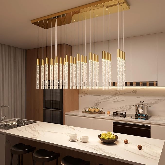 24-Light Rectangular Crystal Chandelier, Large Gold Bubble Crystal Column Pendant Light, Adjustable Height Hanging Chandeliers for Kitchen Island, Living Room, Foyer