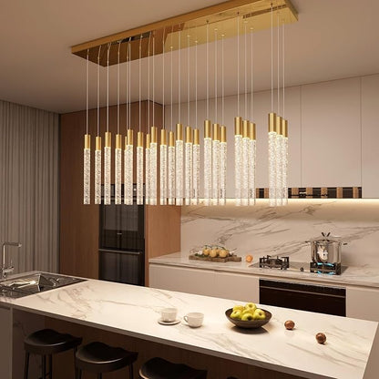 24-Light Rectangular Crystal Chandelier, Large Gold Bubble Crystal Column Pendant Light, Adjustable Height Hanging Chandeliers for Kitchen Island, Living Room, Foyer