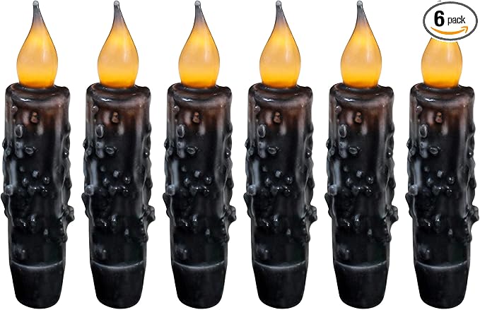 CVHOMEDECO. Real Wax Hand Dipped Battery Operated LED Timer Taper Candles Rustic Primitive Flameless Lights Décor, 4-3/4 Inch, Matt Black, 6 PCS in a Package