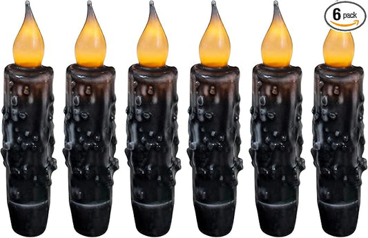 CVHOMEDECO. Real Wax Hand Dipped Battery Operated LED Timer Taper Candles Rustic Primitive Flameless Lights Décor, 4-3/4 Inch, Matt Black, 6 PCS in a Package