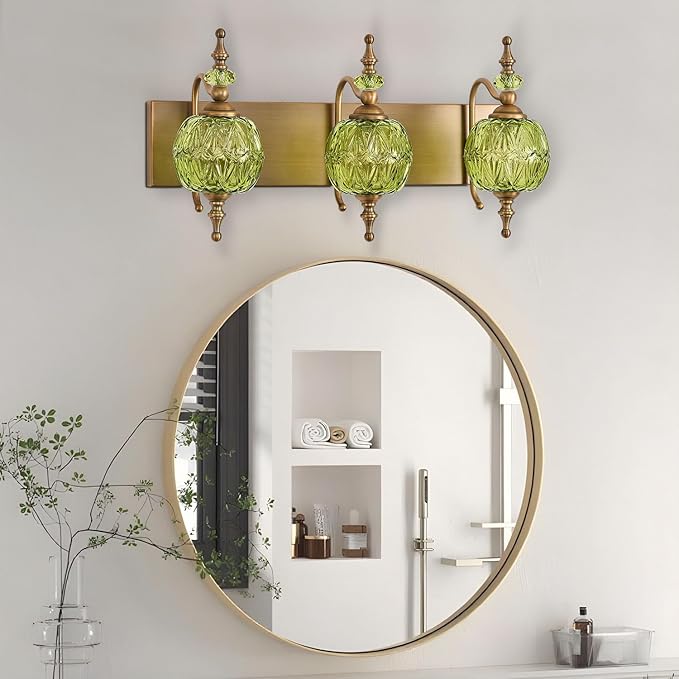 Vintage Green Bathroom Vanity Light Fixtures, Antique 3 Lights Bedhroom Wall Sconce Lighting Brass Finish with Crystal Glass Shade,Victorian Vanity Lighting