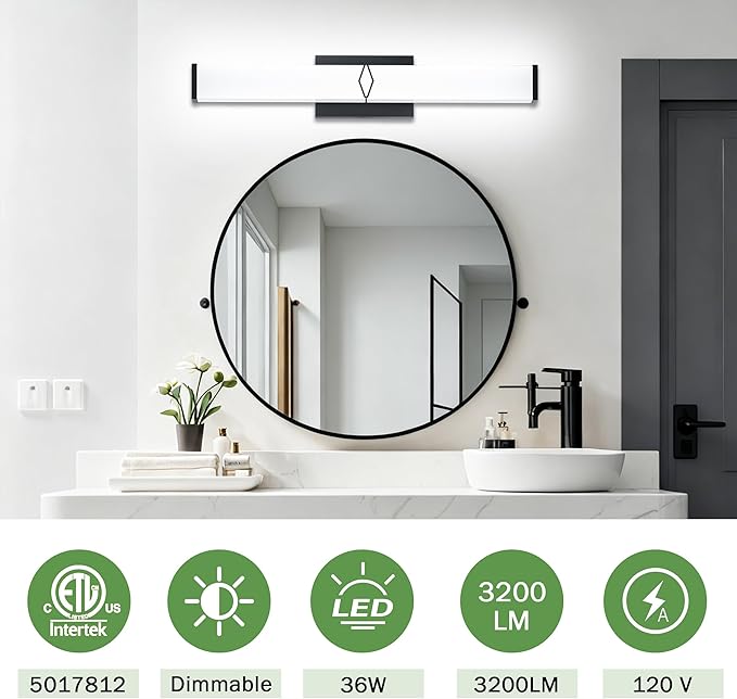 32 Inch Bathroom Vanity Light 3200LM, 5700K Daylight White Modern Bathroom Light Dimmable, AC 120V 36W Matte Black LED Vanity Lighting Fixtures Wall Sconce ETL Certified, 2Pack