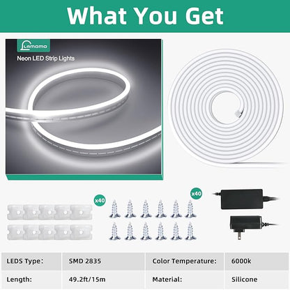 Lamomo Neon Rope Lights, 49.2ft White IP65 Waterproof LED Strip Lights, 24V 6000K Silicone 1800 LEDs Neon Lights for Indoor, Bedroom, Living Room