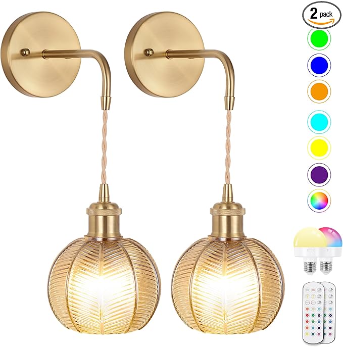 Battery Operated Wall Sconce, Wireless Wall Sconces Decor Set of 2 with RGB Color Changing Dimmable, Wall Sconces Set of Two with Remote, Vintage Wall Lamp for Bedroom Living Room etc