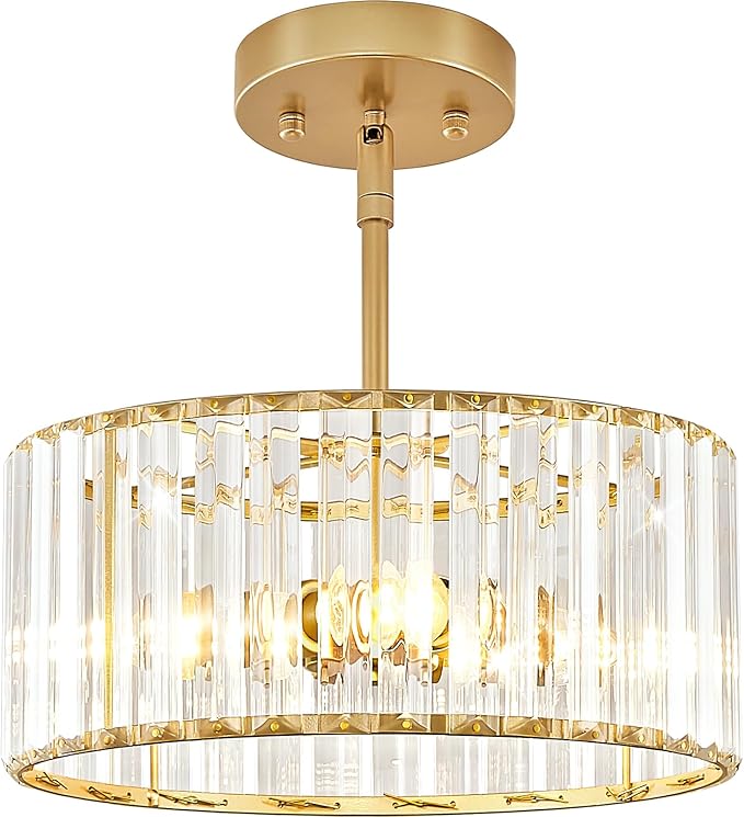 YURNYQ Gold Crystal Chandelier, Small Modern Semi Flush Mount Ceiling Chandelier Light Fixtures, Round Hanging Lighting Fixture for Kitchen Bedroom Hallway Entryway Laundry Room, 3-Light, 11.8 Inch