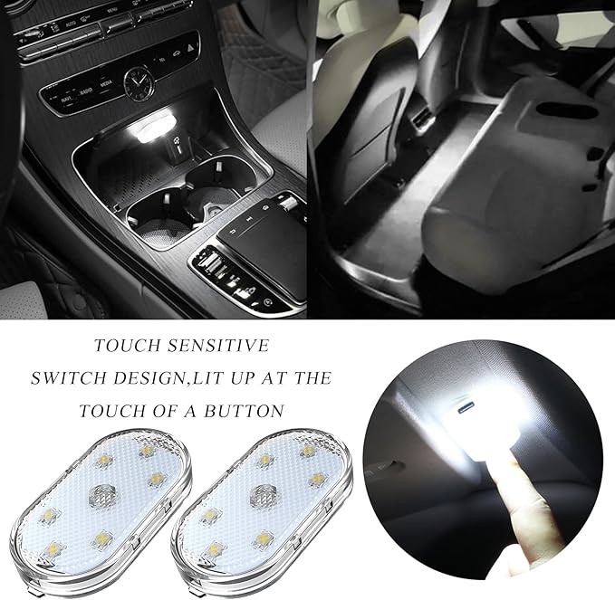 Wevdn 2 PCS Car LED Lights Interior Wireless, Sticky Car Ambient Lighting with 6 Bright LED Lamp Beads, Portable USB Rechargeable Vehicle Interior Led Night Light for Car (White)