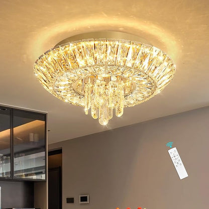 Crystal Chandelier Modern Round Ceiling Light Fixture LED Raindrop Chandeliers Dimmable with Remote for Dining Room Living Room Entryway Hallway Bedroom Gold