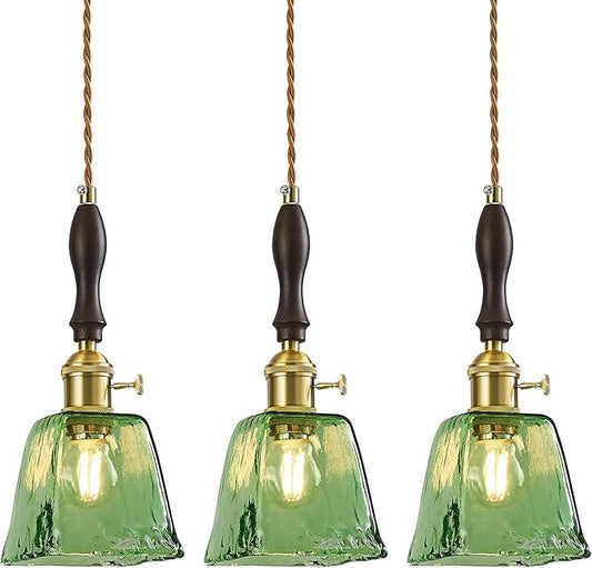 Green Glass Vintage Pendant Light Height Adjustable Handmade Glass Pendant Lights Kitchen Island Gold Hanging Light Fixture with Wood Handle for Bedroom Dining Room Hotel (3 Pack)
