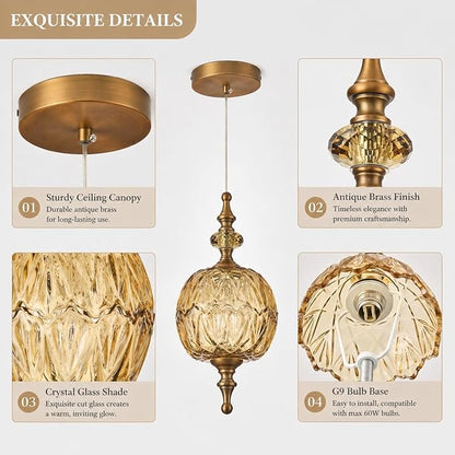 Amber Glass Pendant Lights Kitchen Island Pendant Light Fixtures Vintage Pendant Lighting for Bedroom Living Dining Room(4.75 in, 1 Pack)