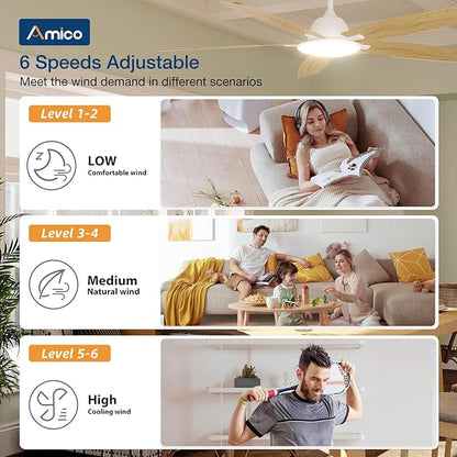 Amico Ceiling Fans with Lights, 60 inch Smart Ceiling Fan with Remote/APP/Alexa Control, Reversible, 5 Blades, 6 Speeds, 3CCT, Dimmable, Noiseless, Wifi Ceiling Fan for Farmhouse, Bedroom, White