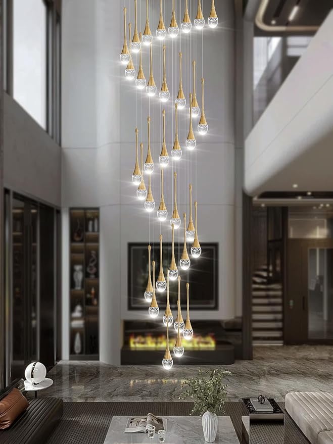 ykolupty H150 Spiral Chandelier Lighting Modern Gold Chandelier Light Fixture for Foyer Hallway Crystal Chandeliers for High Ceilings Suitable for Sloping Ceiling 2700-6000k Dimmable