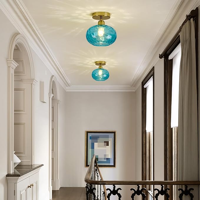 Luafac Blue Glass Semi Flush Mount Ceiling Light - 2 Pack,7.9 Inch Hammered Glass Small Hallway Light fixtures, Vintage Gold Art Deco Flush Mount Ceiling Light for entryway Foyer Laundry Room Kitchen