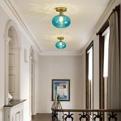 Luafac Blue Glass Semi Flush Mount Ceiling Light - 7.9 Inch Hammered Art Deco Glass Small Hallway Light fixtures, Vintage Gold Flush Mount Ceiling Light for entryway Foyer Laundry Room Kitchen