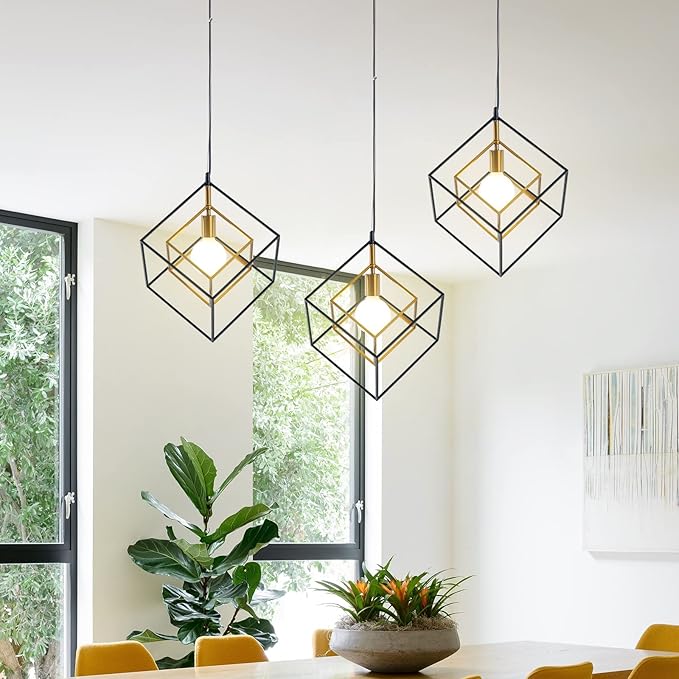 Modern Geometric Chandelier, 1-Light Metal Pendant Light Fixture Black Brass Hanging Ceiling Light Industrial Farmhouse Cube Lighting for Kitchen Island Entryway, E26 Base