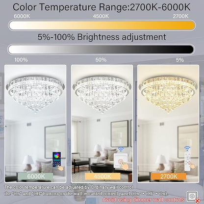 Dia 32" Modern Crystal Chandeliers for Dining Room,Silver Raindrop Chandelier Flush Mount Chandeliers for Living Room Bedrooms Dining Room Dimmable 2700k 4500k 6000k