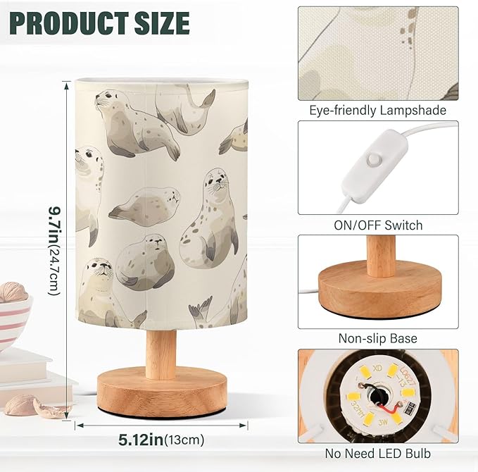 Bedside Table Lamp Cute Fur Seal Animal Nightstand Lamp with Wood Desk Lamps for Bedroom Living Room Nursery Office Home Decor